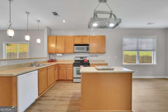 955 Mill Creek Ave, Canton, GA 30115 - kitchen featuring stainless steel appliances, a sink, light wood-style flooring, light countertops, and recessed lighting