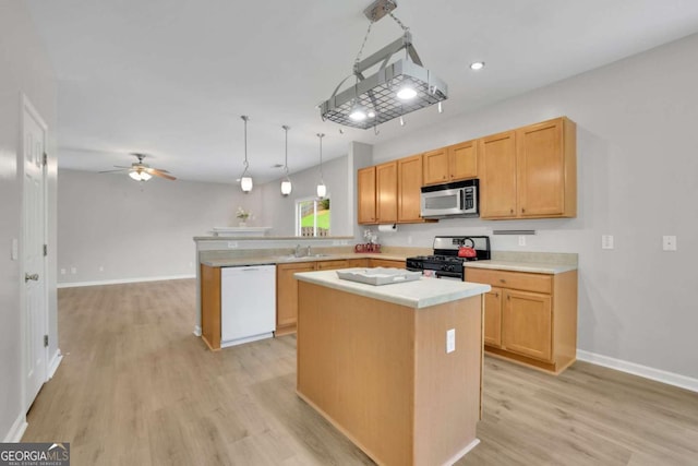 955 Mill Creek Ave, Canton, GA 30115 - kitchen with appliances with stainless steel finishes, a peninsula, a sink, light wood finished floors, and light countertops