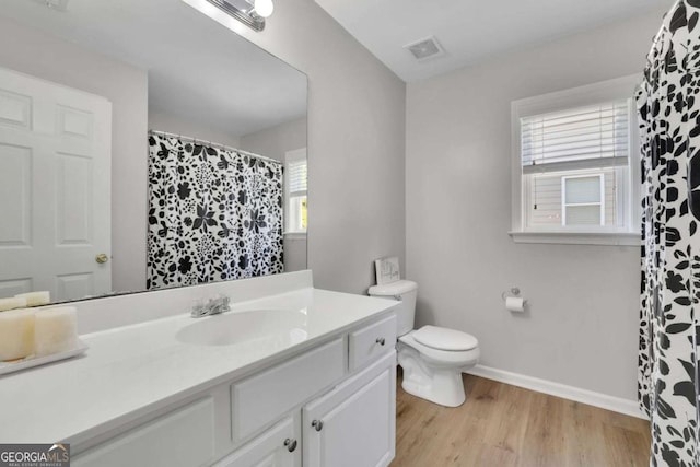 955 Mill Creek Ave, Canton, GA 30115 - bathroom with vanity, toilet, wood finished floors, baseboards, and a shower with curtain