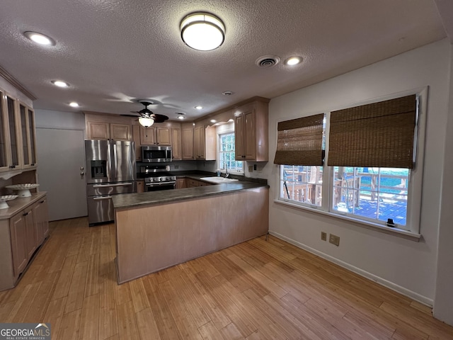 2976 Twin Pine Rd, Thomson, GA 30824 - kitchen with stainless steel appliances, a sink, a peninsula, dark countertops, and light wood finished floors