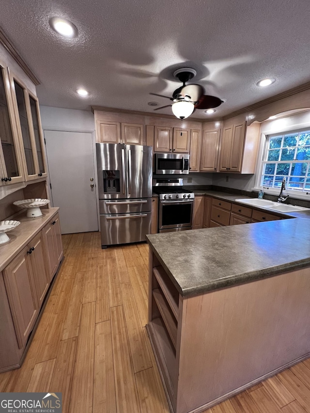 2976 Twin Pine Rd, Thomson, GA 30824 - kitchen featuring stainless steel appliances, a sink, a textured ceiling, ceiling fan, and dark countertops