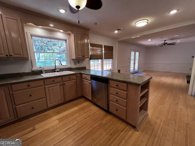 2976 Twin Pine Rd, Thomson, GA 30824 - kitchen featuring a sink, dishwasher, a ceiling fan, dark countertops, and a textured ceiling