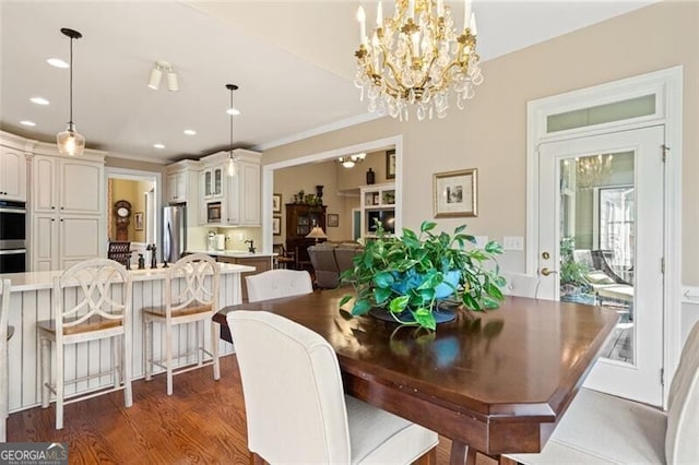4115 Gold Mill Rdg, Canton, GA 30114 - dining space with a chandelier, recessed lighting, dark wood-style floors, and ornamental molding