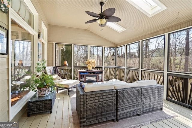 4115 Gold Mill Rdg, Canton, GA 30114 - sunroom featuring a skylight, a ceiling fan, outdoor lounge area, and lofted ceiling