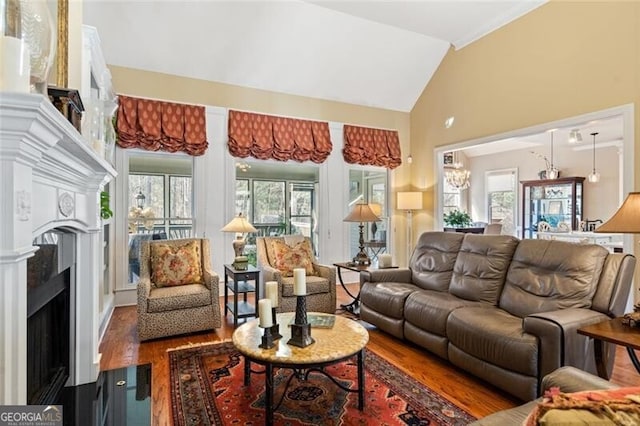 4115 Gold Mill Rdg, Canton, GA 30114 - living room with wood finished floors, a fireplace, healthy amount of natural light, and vaulted ceiling