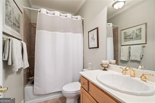 4115 Gold Mill Rdg, Canton, GA 30114 - bathroom featuring crown molding, vanity, shower / tub combo with curtain, toilet, and tile patterned floors