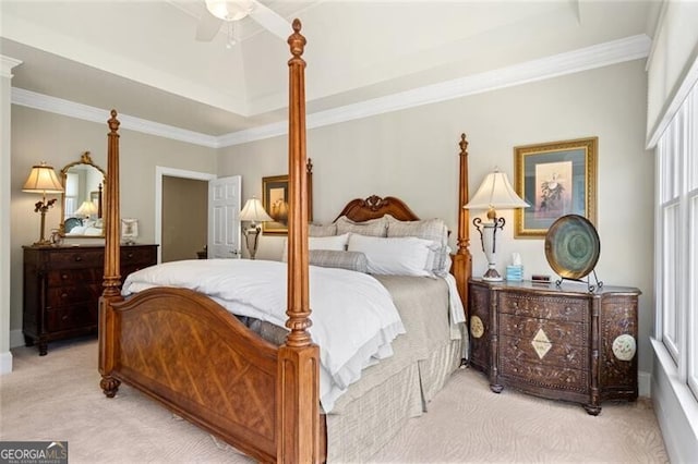 4115 Gold Mill Rdg, Canton, GA 30114 - bedroom with light colored carpet, crown molding, and a ceiling fan