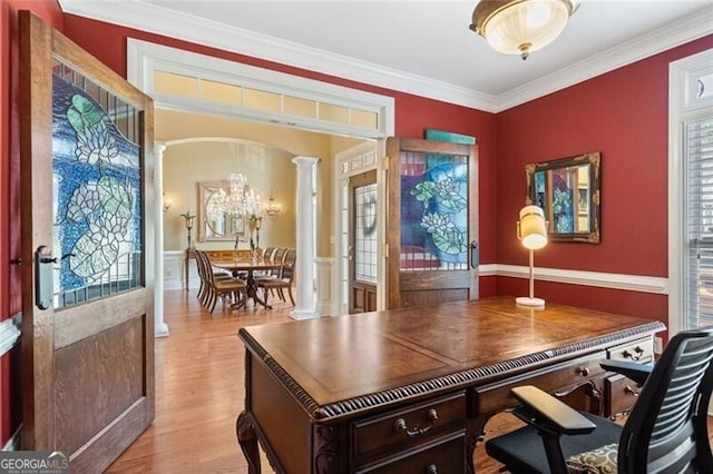 4115 Gold Mill Rdg, Canton, GA 30114 - office area featuring decorative columns, wood finished floors, crown molding, plenty of natural light, and wainscoting