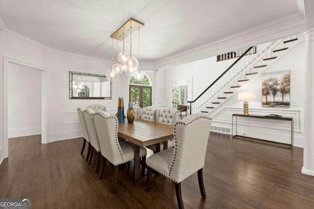 5120 Falcon Chase Ln, Atlanta, GA 30342 - dining room featuring stairway, ornamental molding, a chandelier, wood finished floors, and baseboards