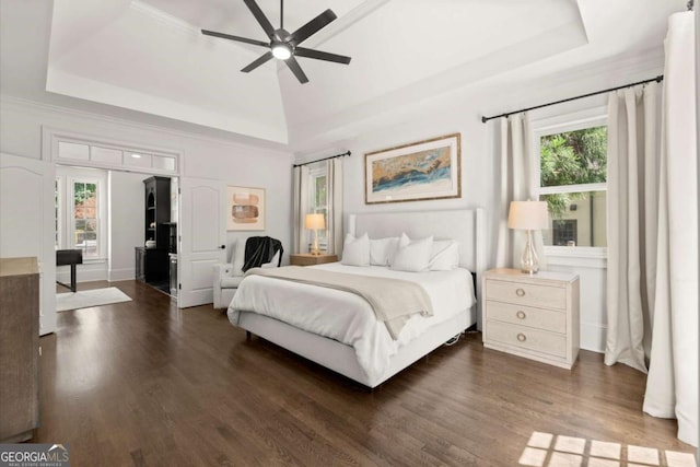 5120 Falcon Chase Ln, Atlanta, GA 30342 - bedroom featuring a tray ceiling, multiple windows, and dark wood finished floors
