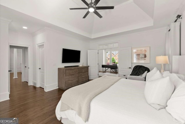5120 Falcon Chase Ln, Atlanta, GA 30342 - bedroom with baseboards, dark wood-style flooring, recessed lighting, a raised ceiling, and a ceiling fan