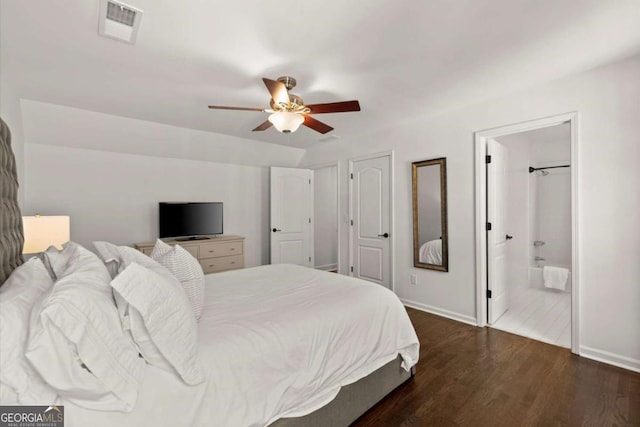 5120 Falcon Chase Ln, Atlanta, GA 30342 - bedroom featuring dark wood-style floors, baseboards, a ceiling fan, and ensuite bathroom