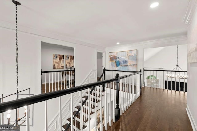 5120 Falcon Chase Ln, Atlanta, GA 30342 - corridor with a chandelier, ornamental molding, recessed lighting, wood finished floors, and an upstairs landing