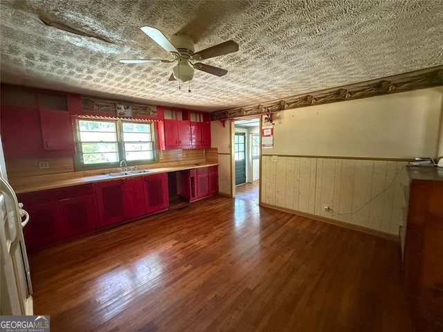 1272 Cave Springs Rd, Douglasville, GA 30134 - kitchen with plenty of natural light, red cabinets, a ceiling fan, wood finished floors, and a wainscoted wall