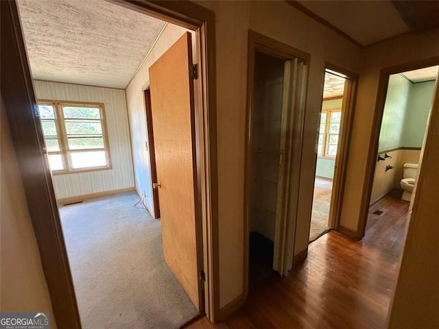 1272 Cave Springs Rd, Douglasville, GA 30134 - corridor with a textured ceiling, baseboards, and wood finished floors