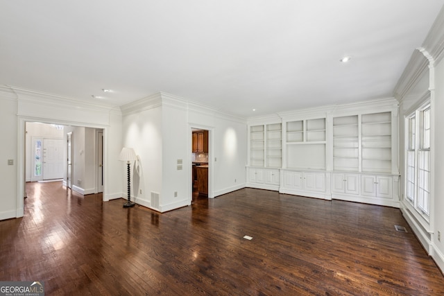 51 Ivy Chase NE, Atlanta, GA 30342 - unfurnished living room with dark wood-style floors, ornamental molding, and built in shelves