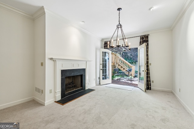 51 Ivy Chase NE, Atlanta, GA 30342 - unfurnished living room featuring crown molding, carpet floors, a chandelier, and a fireplace with raised hearth