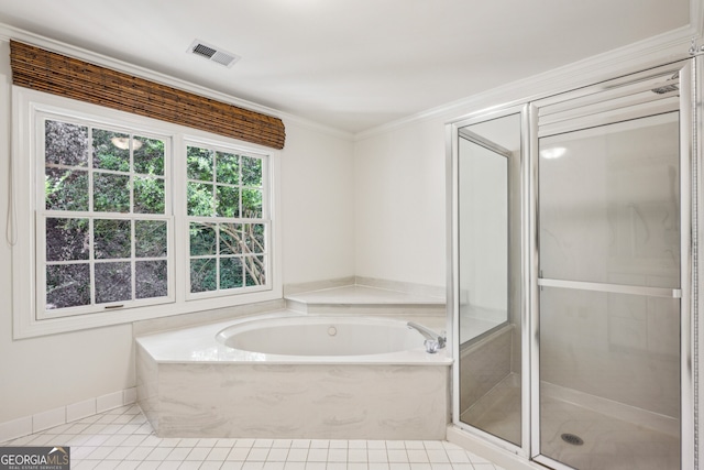 51 Ivy Chase NE, Atlanta, GA 30342 - bathroom with tile patterned flooring, a garden tub, a shower stall, and ornamental molding