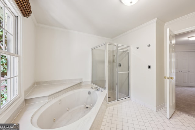 51 Ivy Chase NE, Atlanta, GA 30342 - full bath with a stall shower, a whirlpool tub, tile patterned floors, and ornamental molding
