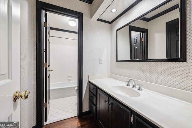 51 Ivy Chase NE, Atlanta, GA 30342 - full bath with wood finished floors, vanity, and wallpapered walls