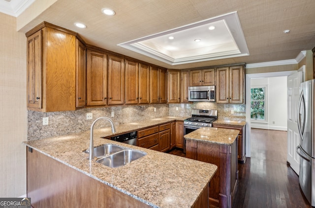 51 Ivy Chase NE, Atlanta, GA 30342 - kitchen with appliances with stainless steel finishes, dark wood-type flooring, brown cabinetry, ornamental molding, and recessed lighting