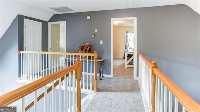 118 Valleyside Dr, Dallas, GA 30157 - hallway with an upstairs landing, carpet floors, lofted ceiling, and baseboards