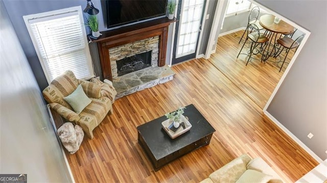 118 Valleyside Dr, Dallas, GA 30157 - living room featuring wood finished floors, a stone fireplace, plenty of natural light, and baseboards