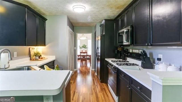 118 Valleyside Dr, Dallas, GA 30157 - kitchen with range with gas stovetop, stainless steel microwave, a sink, light wood finished floors, and dark cabinetry