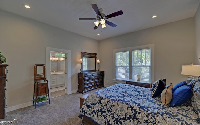 276 E Tugalo St, Toccoa, GA 30577 - bedroom with carpet flooring, recessed lighting, ensuite bath, and ceiling fan