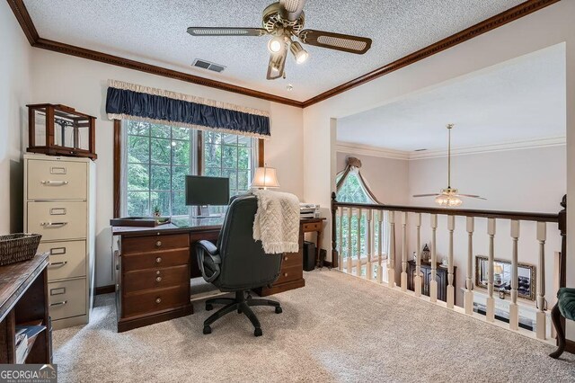 5161 Hermitage Dr, Powder Springs, GA 30127 - carpeted office space featuring a ceiling fan, healthy amount of natural light, a textured ceiling, and crown molding