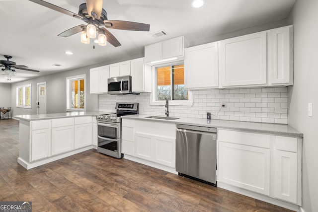 1935 Sam Bell Rd, Clarkesville, GA 30523 - kitchen with appliances with stainless steel finishes, a sink, a peninsula, a ceiling fan, and recessed lighting