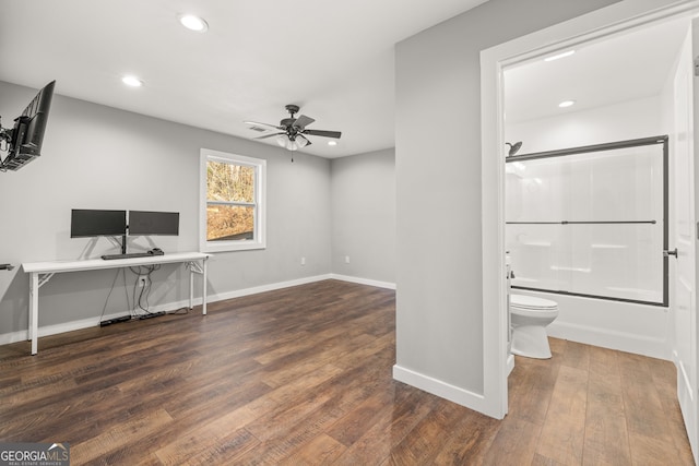 1935 Sam Bell Rd, Clarkesville, GA 30523 - unfurnished office featuring a ceiling fan, wood finished floors, recessed lighting, and baseboards