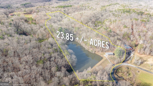 1935 Sam Bell Rd, Clarkesville, GA 30523 - aerial view of property's location featuring a nearby body of water, property boundaries highlighted, and a forest