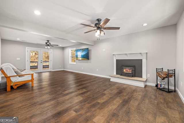 1935 Sam Bell Rd, Clarkesville, GA 30523 - unfurnished living room with recessed lighting, ceiling fan, wood finished floors, baseboards, and french doors