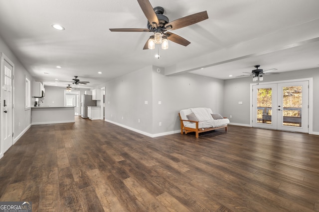 1935 Sam Bell Rd, Clarkesville, GA 30523 - sitting room featuring ceiling fan, recessed lighting, dark wood-style floors, french doors, and baseboards