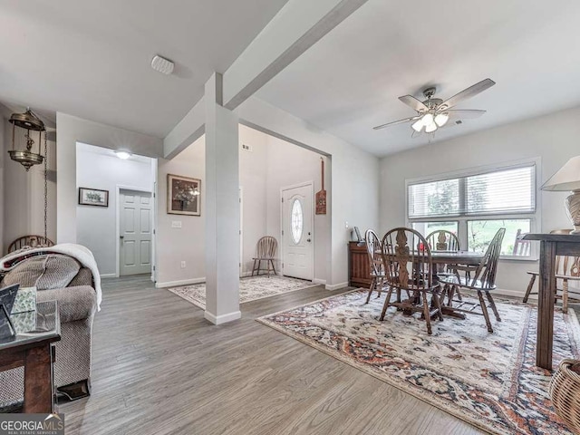 3931 Upper Bethany Rd, Ball Ground, GA 30107 - dining space featuring wood finished floors, baseboards, and ceiling fan