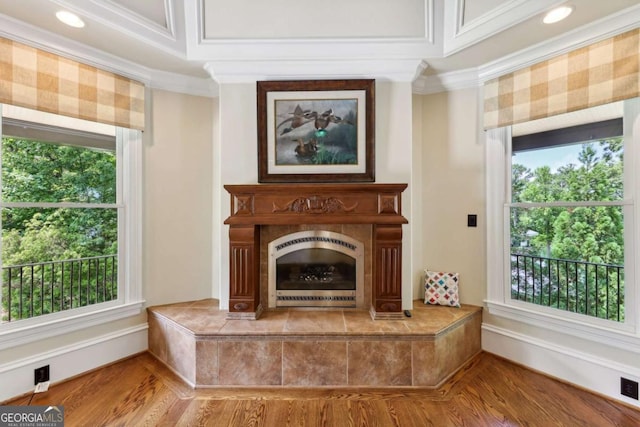 6678 Gaines Ferry Rd, Flowery Branch, GA 30542 - detailed view of crown molding, wood finished floors, and recessed lighting