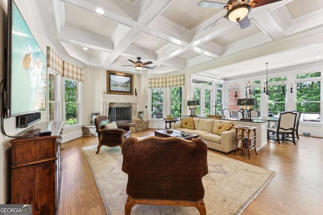 6678 Gaines Ferry Rd, Flowery Branch, GA 30542 - living room featuring a ceiling fan, beam ceiling, a fireplace with raised hearth, light wood-type flooring, and coffered ceiling