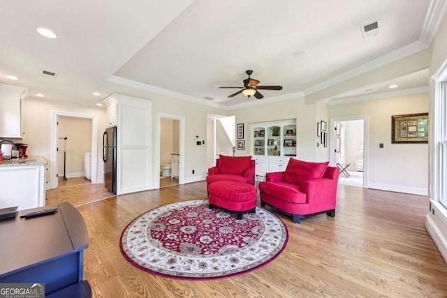 6678 Gaines Ferry Rd, Flowery Branch, GA 30542 - living room featuring light wood-type flooring, ceiling fan, recessed lighting, and ornamental molding