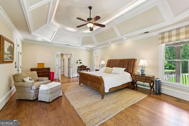 6678 Gaines Ferry Rd, Flowery Branch, GA 30542 - bedroom featuring coffered ceiling, wood finished floors, crown molding, and recessed lighting