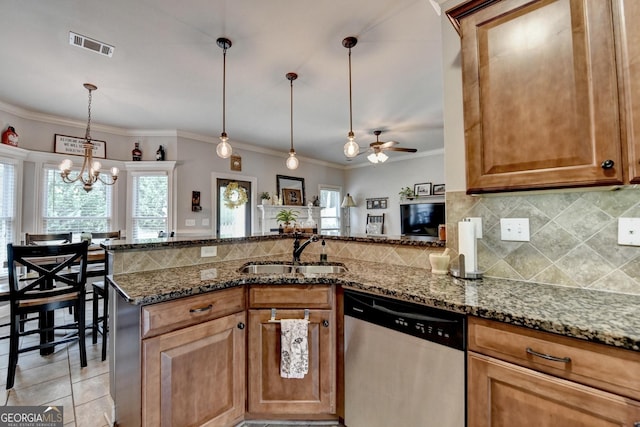 2469 Martini Way, Bethlehem, GA 30620 - kitchen with dishwasher, a sink, ceiling fan, dark stone countertops, and crown molding