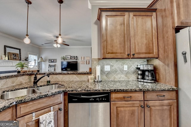 2469 Martini Way, Bethlehem, GA 30620 - kitchen featuring dishwasher, a sink, ornamental molding, ceiling fan, and fridge