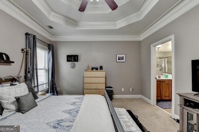 2469 Martini Way, Bethlehem, GA 30620 - bedroom featuring ornamental molding, a tray ceiling, light colored carpet, ensuite bathroom, and ceiling fan