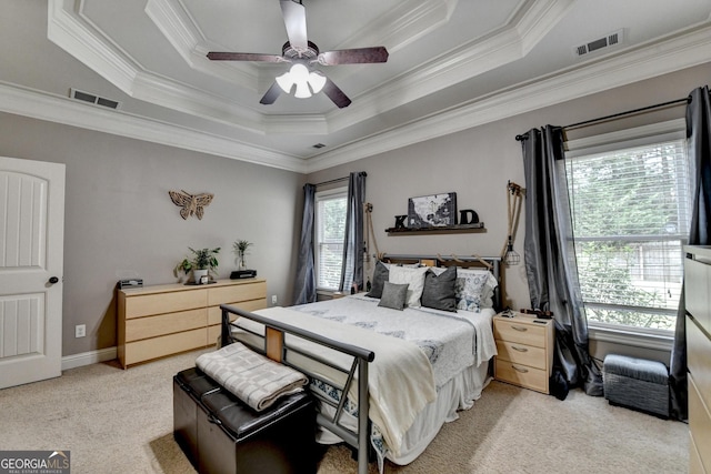 2469 Martini Way, Bethlehem, GA 30620 - bedroom with a tray ceiling, ornamental molding, light carpet, and a ceiling fan