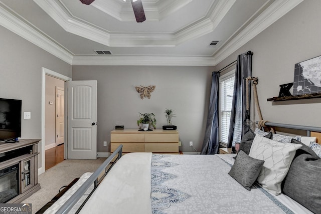 2469 Martini Way, Bethlehem, GA 30620 - bedroom featuring a raised ceiling, crown molding, carpet, a ceiling fan, and baseboards