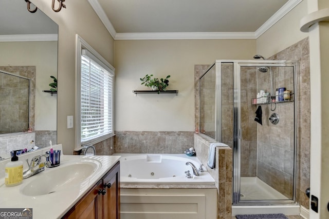 2469 Martini Way, Bethlehem, GA 30620 - bathroom with a whirlpool tub, vanity, a stall shower, and crown molding