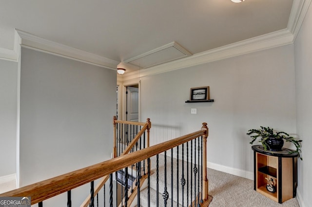 2469 Martini Way, Bethlehem, GA 30620 - corridor featuring attic access, an upstairs landing, crown molding, carpet flooring, and baseboards