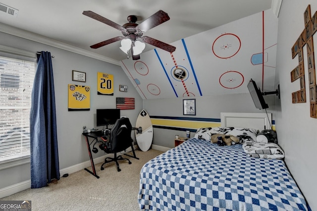 2469 Martini Way, Bethlehem, GA 30620 - carpeted bedroom featuring baseboards, lofted ceiling, a ceiling fan, and crown molding