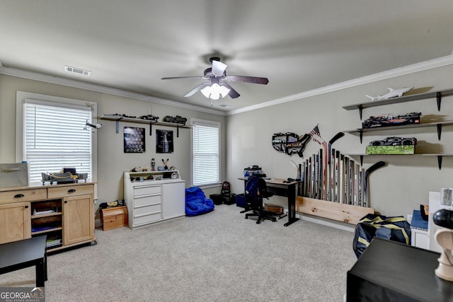 2469 Martini Way, Bethlehem, GA 30620 - exercise room with light colored carpet, a ceiling fan, and crown molding