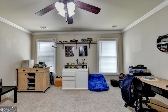 2469 Martini Way, Bethlehem, GA 30620 - office featuring ornamental molding, light colored carpet, a ceiling fan, and baseboards